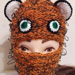 Handmade Bear Balaclava – Crochet Creature Mask (Rust, Green Eyes)